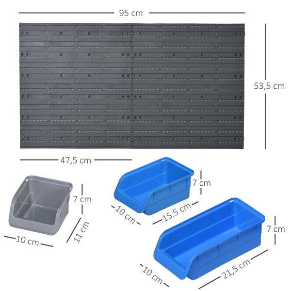 DURHAND, Wandregal mit Stapelboxen, Werkzeuglochwand, 54B x 22T x 95H cm, PP, Blau