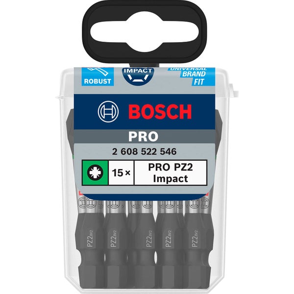Bosch Logo. 15er Set Pro PZ2 Impact Schrauberbits in Verpackung