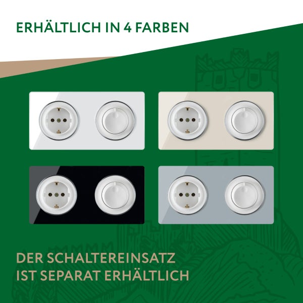 Vier verschiedene Rahmen für Schalter und Steckdosen mit runden Einsätzen. Hinweis: Der Schaltereinsatz ist separat erhältlich.