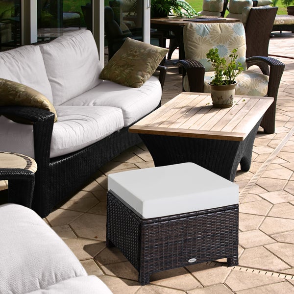 Outsunny Poly Rattan Hocker mit Kissen, Gartenhocker, 50 x 50 x 35 cm, Stahl+PE-Rattan-Geflecht+Polyester, Braun+Cremeweiß