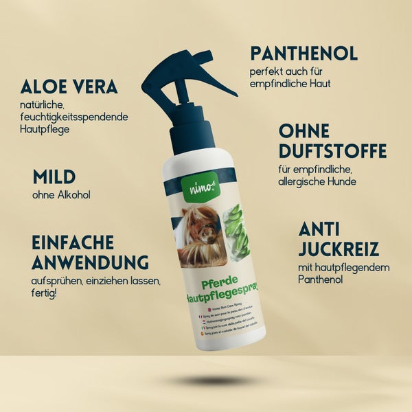 nimo® Pferde Hautpflegespray • mit Aloe Vera und Panthenol gegen Juckreiz und gereizte Haut