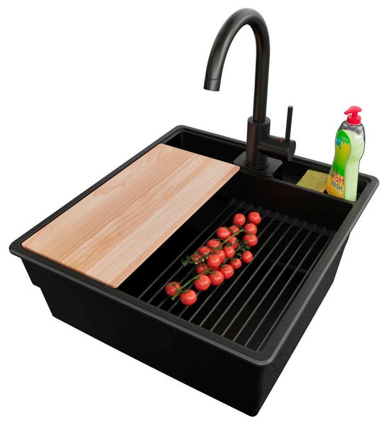 Spüle mit Abtropfgitter, Schneidebrett und Armatur