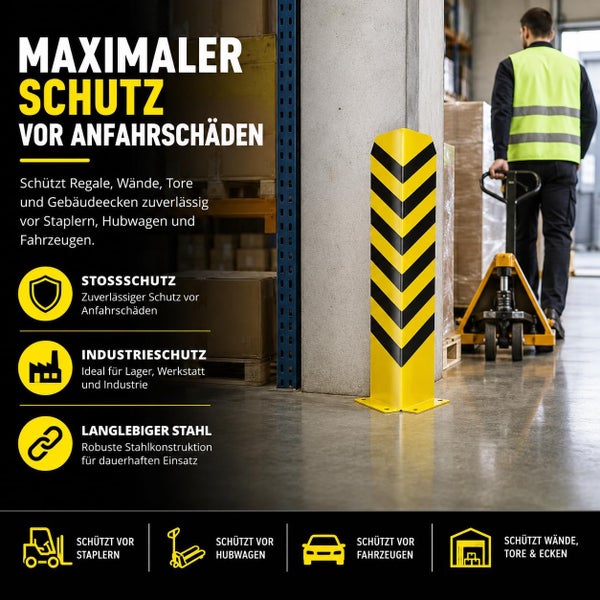 Robuster gelb-schwarzer Eckschutz aus Stahl für Säulen im Lager, bietet Schutz vor Gabelstaplern, Hubwagen und Fahrzeugen an Wänden und Ecken.