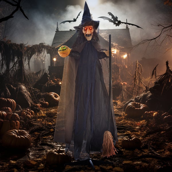 HOMCOM 190cm Halloween Dekoration Halloween-Hexe mit LED-Lichter, Soundfunktion, Haustür Deko mit verstellbare Arme, Garten Dekofigur in Lebensgröße für Party