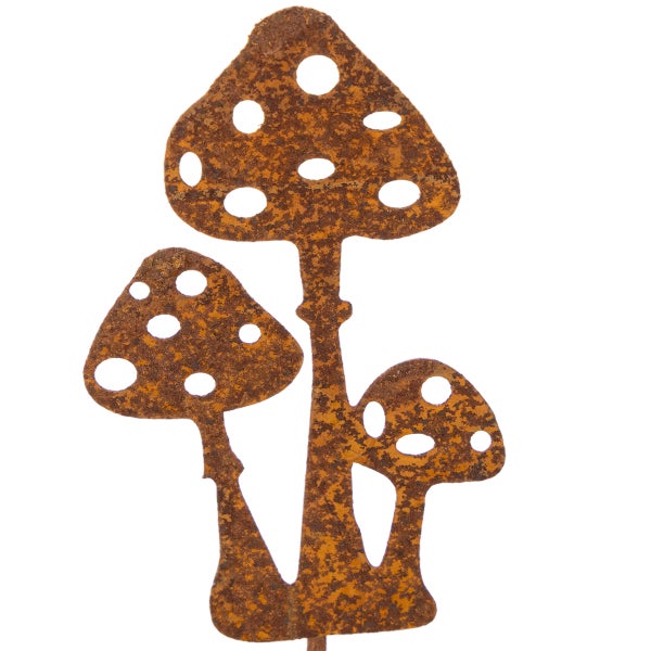 Gartenstecker Pilze aus Metall mit Edelrost und Lochmuster.