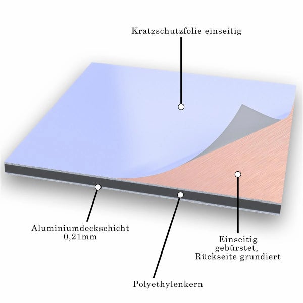 Aluminiumverbundplatte mit Polyethylenkern, Aluminiumdeckschicht, einseitiger Kratzschutzfolie, einseitig gebürsteter und rückseitig grundierter Oberfläche
