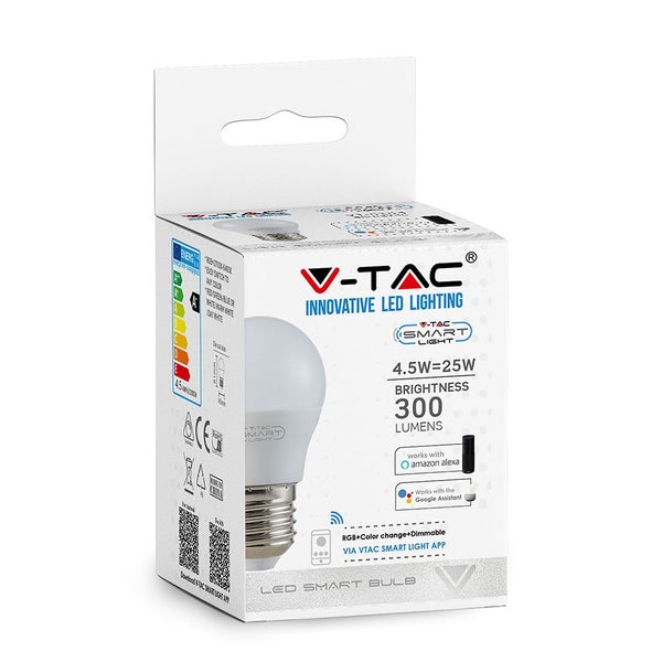 Verpackung einer V-TAC LED Smart Bulb, 4,5 Watt entspricht 25 Watt, 300 Lumen, E27 Sockel, RGB Farbwechsel, dimmbar, kompatibel mit Alexa und Google.