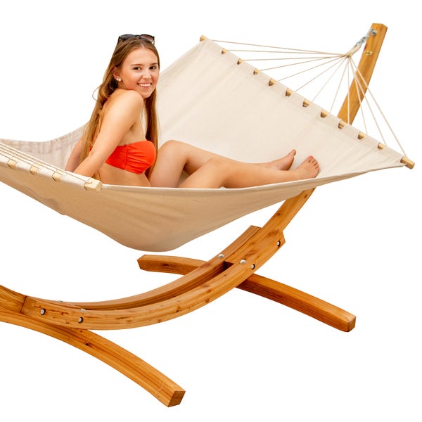 AMANKA XXL Hängematte mit Gestell - 325 cm Hängemattengestell Outdoor Holz - Hängematte Beige Outdoor Stabhängematte mit Gestell -  Hängematte für 2 - Hängematten Ständer Holz Hängematte Zwei Personen
