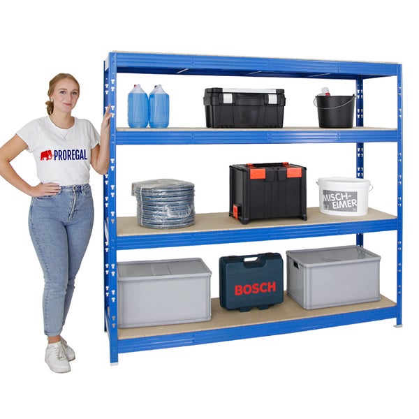 PROREGAL Profi Schwerlastregal Rhino HxBxT 180 x 200 x 60 cm 4 Spanplatten-Ebenen 16mm Fachlast 500 kg Blau