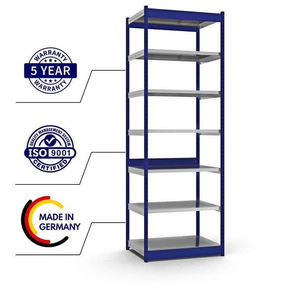 PROREGAL Fachbodenregal Stecksystem Vierkant-Profil Grundregal HxBxT 300 x 102,5 x 60 cm 7 Ebenen Einseitige Bauart Fachlast 200 kg Enzianblau