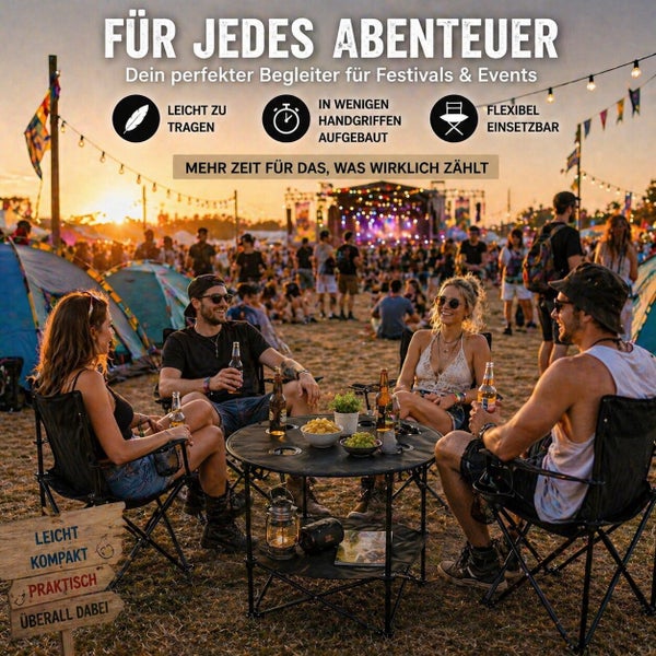 Gruppe von Freunden sitzt auf Campingstühlen an einem runden Falttisch auf einem Festivalgelände bei Sonnenuntergang.