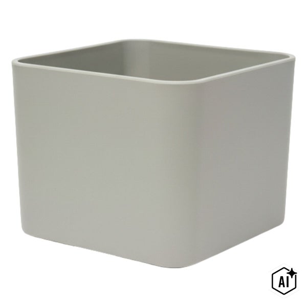 Quadratischer Übertopf aus grauem Kunststoff mit abgerundeten Ecken.