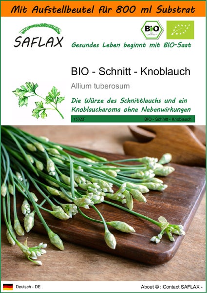 SAFLAX Garden in the bag - BIO - Schnitt - Knoblauch - Allium tuberosum - 100 Samen - Mit Anzuchtsubstrat im praktischen, selbst aufstellenden Beutel