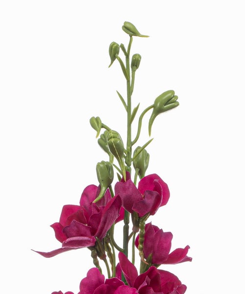 Künstliche Tigerlilie mit gelben Blüten und roten Punkten an einem grünen Stiel mit Blättern.