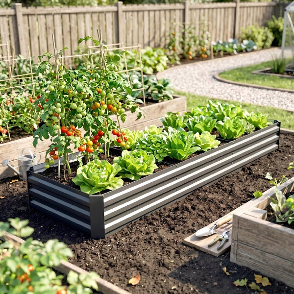Eine Frau bepflanzt ein dunkelgraues Metall-Hochbeet mit den Maßen 240 mal 60 mal 30 Zentimeter in einem hellen, organisierten Garten.