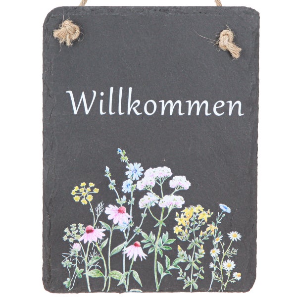 Willkommenstafel aus Schiefer mit Blumenmuster und Aufhängeschnur