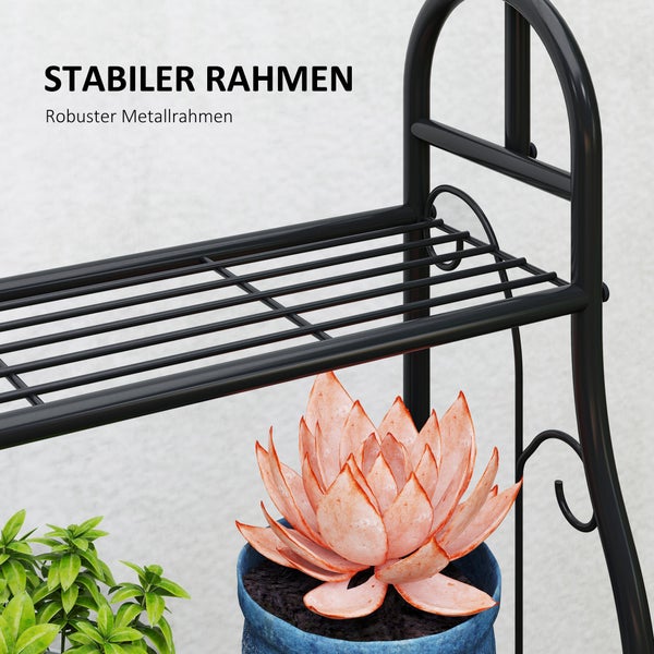Outsunny 3-Etagen Pflanzenständer mit Hängestange, Haken, Blumenständer für Innen, Pflanzenregal aus Metall, mehrstöckig Blumenregal, 137cm hoch Blumentreppe für Wohnzimmer, Garten Balkon, Schwarz