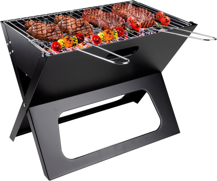 RESCH 502601 mobiler Holzkohle Grill klappbar Schwarz, Edelstahl Tischgrill tragbar, Holzkohlegrill ideal für unterwegs, 46x28x36 cm