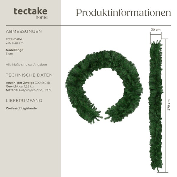 Produktinformationen zur Weihnachtsgirlande von tectake: Abmessungen, technische Daten und Lieferumfang.
