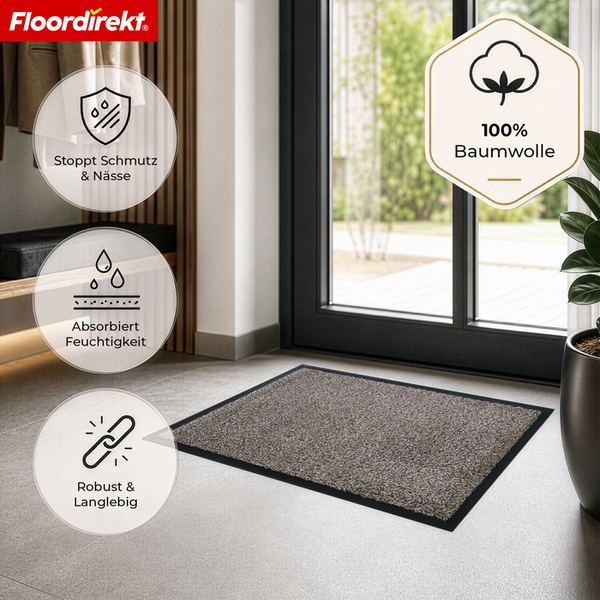 Floordirekt Logo. Fußmatte aus 100 Prozent Baumwolle. Stoppt Schmutz, absorbiert Feuchtigkeit, robust und langlebig. Heller Eingangsbereich.