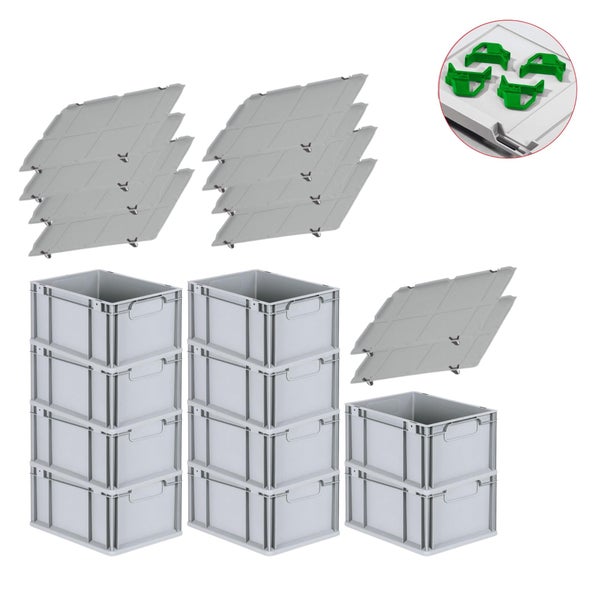 PROREGAL Spar Set 10x Eurobox Nextgen Economy Mit Auflagedeckel & 4x Schiebeschnappverschlüsse Grün Griffe Geschlossen HxBxT 22 x 30 x 40 cm 20 Liter