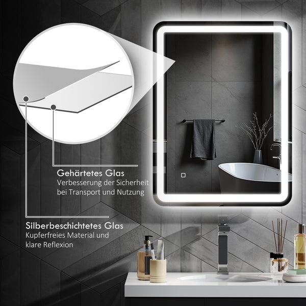 Moderner LED-Badspiegel mit abgerundeten Ecken, Touch-Sensor und gehärtetem, silberbeschichtetem Glas in einem hell beleuchteten Badezimmer.
