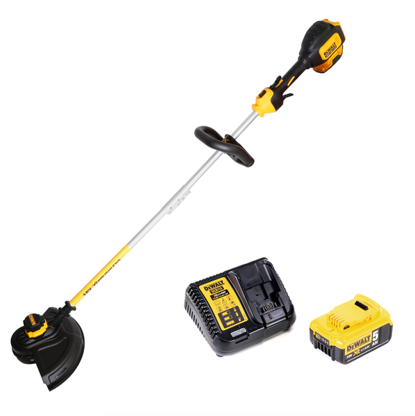 Gelb-schwarzes DeWalt Akku-Rasentrimmer-Set mit 18 Volt bürstenlosem Motor, Ladegerät und 5 Amperestunden Akku.