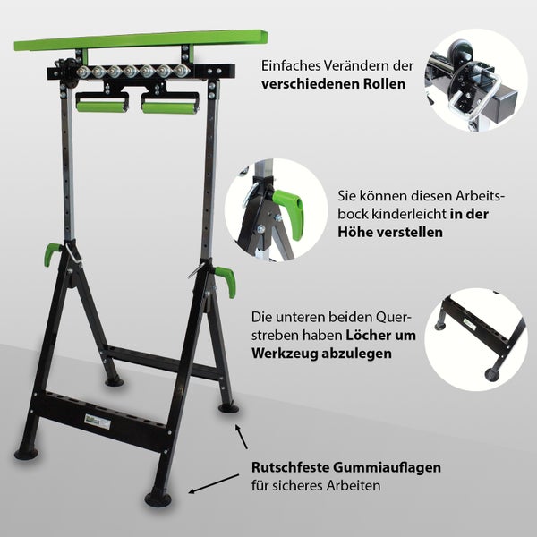 Verstellbarer Werkstückständer mit Rollenauflage und Werkzeugablage