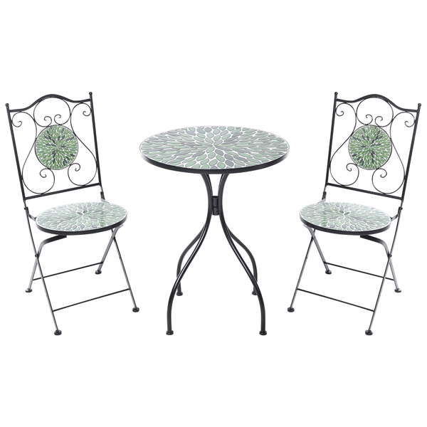 Dreiteiliges Bistro-Set bestehend aus einem runden Tisch und zwei Klappstühlen aus schwarzem Metall mit Mosaik-Verzierungen.