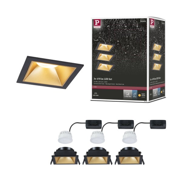 LED Einbauleuchte 3-Step-Dim Cole Coin 3er-Set IP44 eckig 88x88 mm Coin 3x6W 3x470lm 230V dimmbar 2700K Schwarz, Gold matt