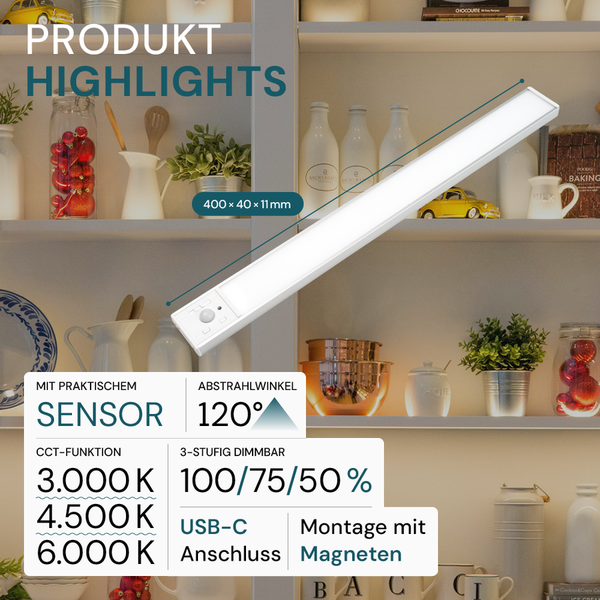 LED Unterbauleuchte mit Sensor, 400 x 40 x 11 Millimeter, 120 Grad Abstrahlwinkel, 3000 Kelvin, 4500 Kelvin, 6000 Kelvin, USB-C Anschluss und Magnetmontage