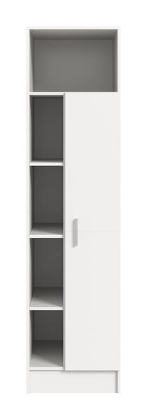 Weißer Badezimmer-Hochschrank mit einer Tür, fünf seitlichen offenen Regalfächern und einem oberen Ablagefach.