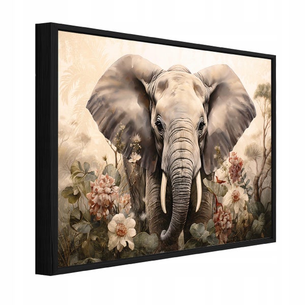 Wandbild mit einem Elefanten im Dschungel Motiv und schwarzem Rahmen