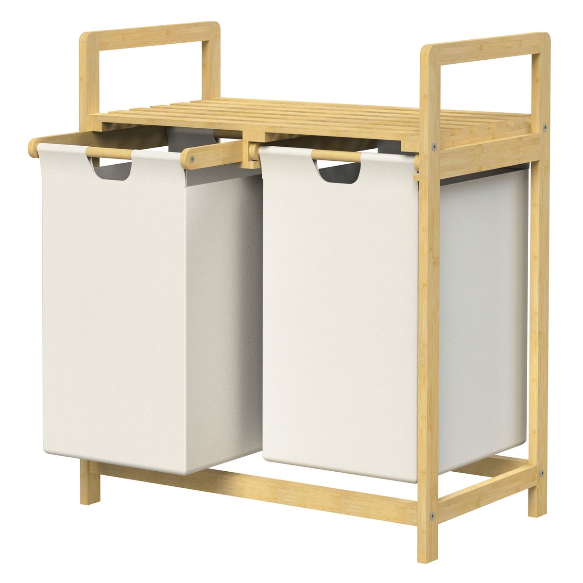 ML-Design Wäschekorb aus Bambus, Beige, Wäschebox mit 2 Fächern, Wäschesammler mit 2 ausziehbaren Wäschesäcken 60 L, Wäschetruhe mit Ablage, Wäschesortierer für Badezimmer, Wäschetonne mit Regal