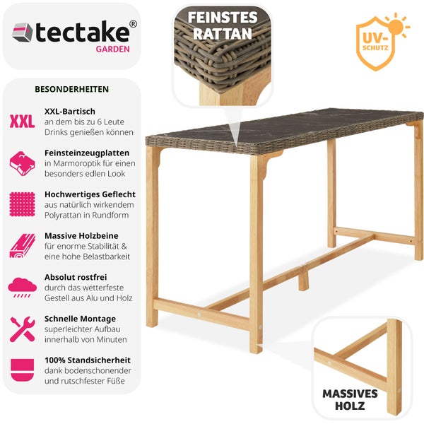 Rattan Tisch tectake Lovas 161 x 64,5 x 99,5 cm mit Aluminium- und Holzgestell natur