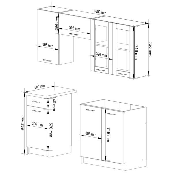 Abbildung der Abmessungen einer Küchenzeile