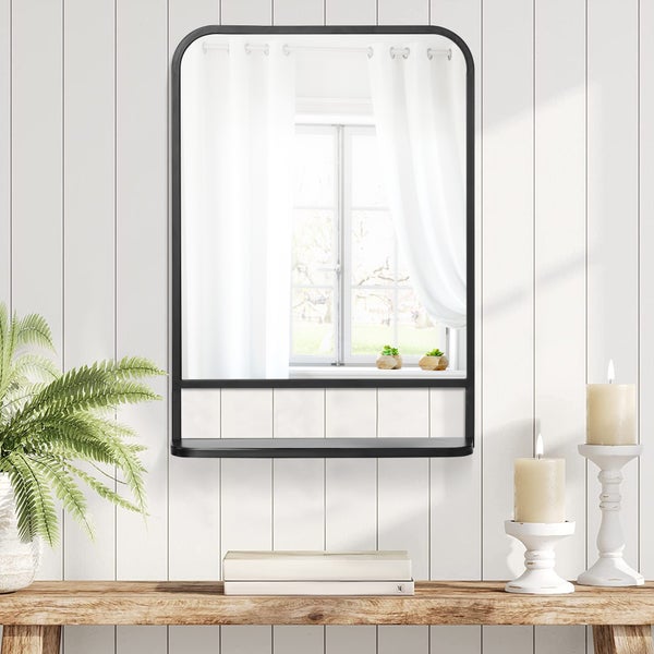 HOMCOM Wandspiegel 70 x 50cm Hängespiegel Moderne Wohnzimmerspiegel Rechteckige Dekospiegel mit Ablage für Eingangsbereich Schlafzimmer Elegant Metall Schwarz