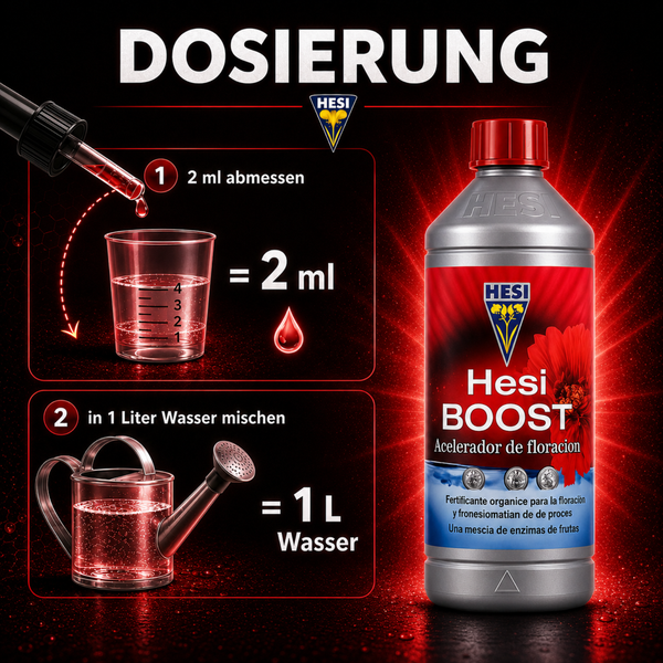 Anleitung zur Dosierung von Hesi Boost Pflanzendünger für die Blütephase in einer Flasche mit Anwendungshinweisen