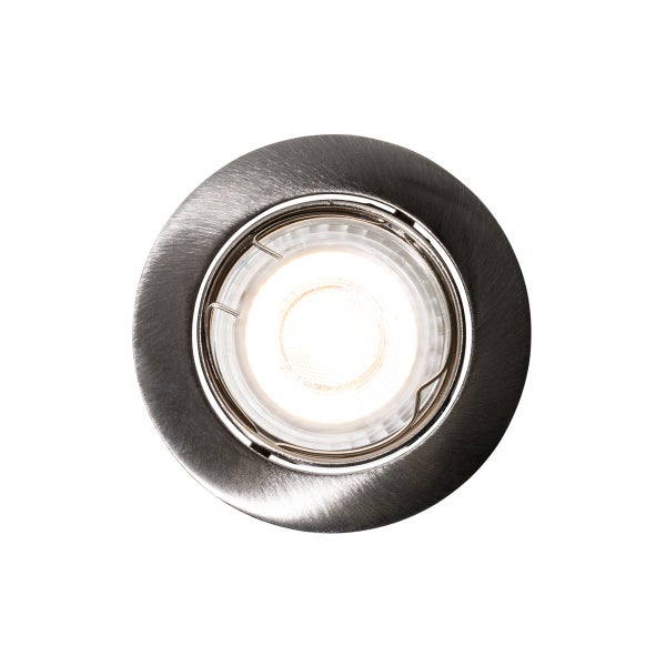 Beleuchteter runder Einbaustrahler aus gebürstetem Metall.