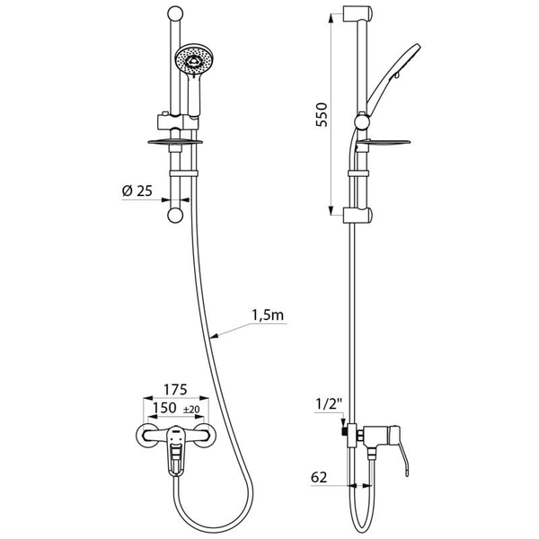 Maßzeichnung eines Duschsets mit Handbrause, Brausestange und Armatur. Schlauchlänge 1,5 Meter und Stangendurchmesser 25 Millimeter.