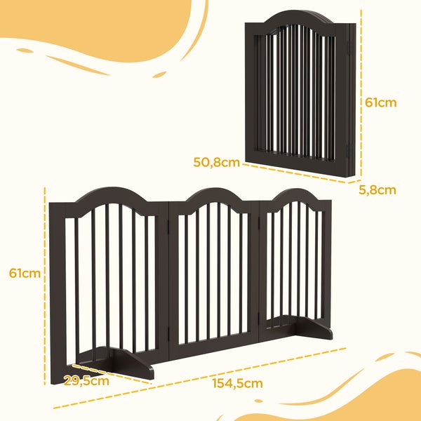 PawHut Absperrgitter Hund 3-teilig, 154,5 x 61 cm Faltbar Hundegitter mit Tür, Türschutzgitter mit 2 Stützfüßen, Freistehend Treppengitter für Küche, Flur, Kaffee