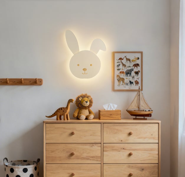 Beleuchtete Wandlampe in Hasenform in einem hellen Kinderzimmer über einer Holzkommode mit Spielzeug und Dekoration.