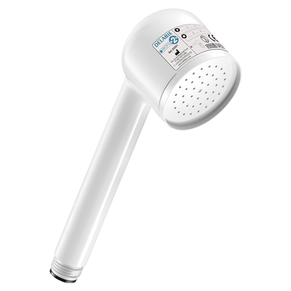 Weiße Handbrause aus Kunststoff mit integriertem Wasserfilter von Delabie Biofil.