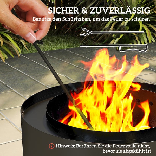 Outsunny Feuerschale Ø45 x 42cm aus Stahl Feuerstelle mit Schürhaken Aschenwanne Feuerschalen für Garten, Balkon Terrasse, Outdoor BBQ Camping Schwarz