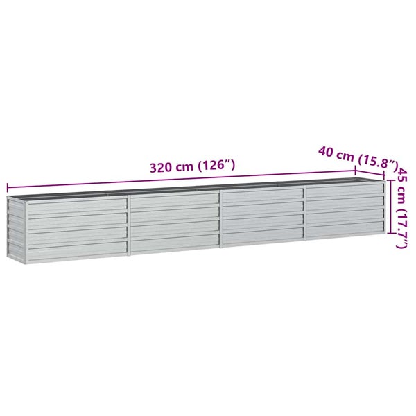 Rechteckiges Hochbeet aus verzinktem Stahl mit den Maßen 320 mal 40 mal 45 Zentimeter.