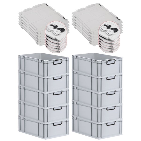 PROREGAL SuperSparSet 10x Eurobox NextGen Color mit Scharnierdeckel und Schiebeschnappverschlüssen, HxBxT 22x40x60cm, 44 Liter, Grau, Griffe schwarz geschlossen, Verstärkter Boden, Eurobehälter, Transportbox, Transportbehälter, Stapelbehälter