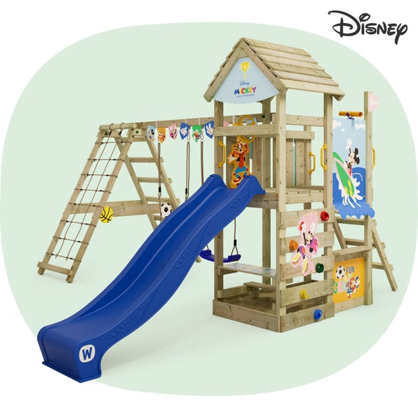 WICKEY Spielturm Disney Mickey Maus und Freunde Story mit Rutsche, Kletteranbau und Doppelschaukel