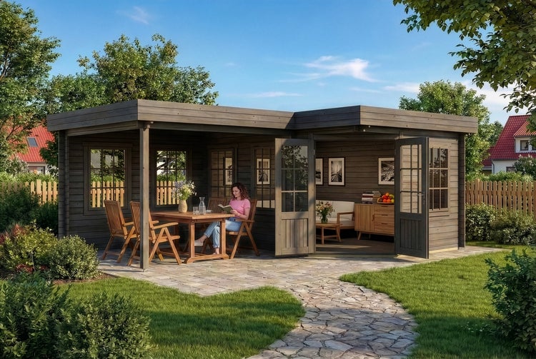 Modernes Gartenhaus aus Holz mit Flachdach und integrierter überdachter Veranda auf einer Steinterrasse im Garten.