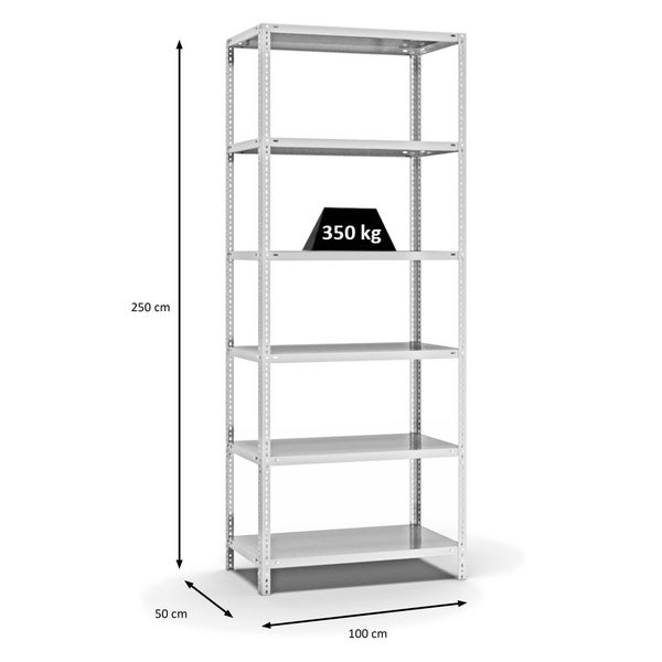 PROREGAL Fachbodenregal Schraubsystem Heavy-Duty Grundregal HxBxT 250 x 100 x 50 cm 6 Ebenen Fachlast 350 kg Beidseitig Nutzbar Lichtgrau