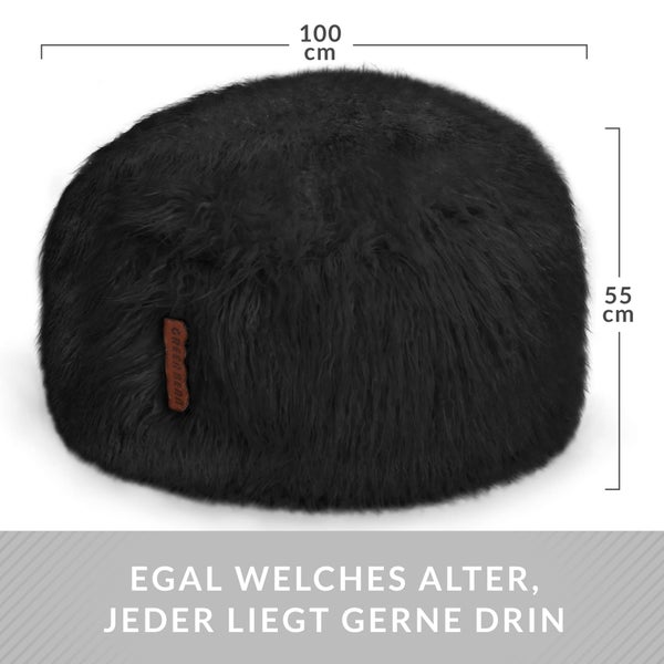 Green Bean Sitzsack Fellotpik mit Füllmaterial (EPS Perlen) - Indoor Maße ca 100 x 55 cm - Bean Bag Sitzkissen Sitzpuff Sitzsessel Bodenkissen Lounge Schwarz